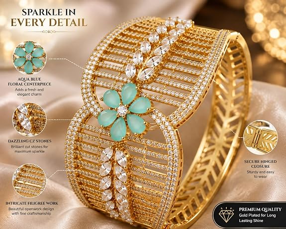 Gold-Plated CZ Stone Cuff Bangle with Aqua Floral Accent, Wide Statement Design, Hinged Closure