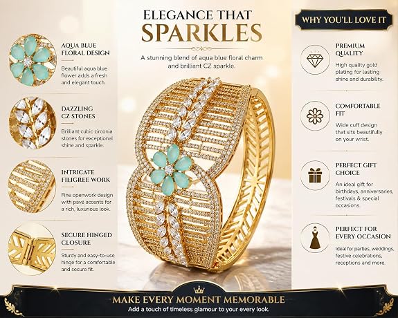 Gold-Plated CZ Stone Cuff Bangle with Aqua Floral Accent, Wide Statement Design, Hinged Closure
