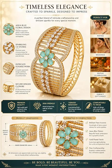 Gold-Plated CZ Stone Cuff Bangle with Aqua Floral Accent, Wide Statement Design, Hinged Closure