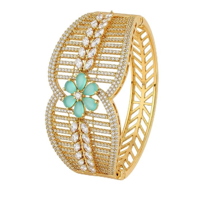 Gold-Plated CZ Stone Cuff Bangle with Aqua Floral Accent, Wide Statement Design, Hinged Closure
