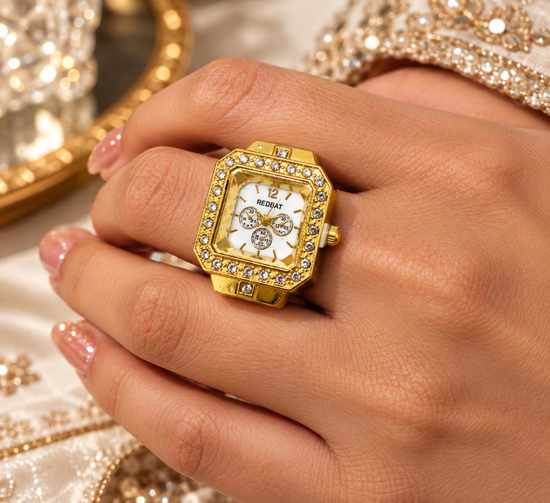 Gold Plated Look Crystal Studded Finger Watch for Women & Girls, Square Dial Ring Watch
