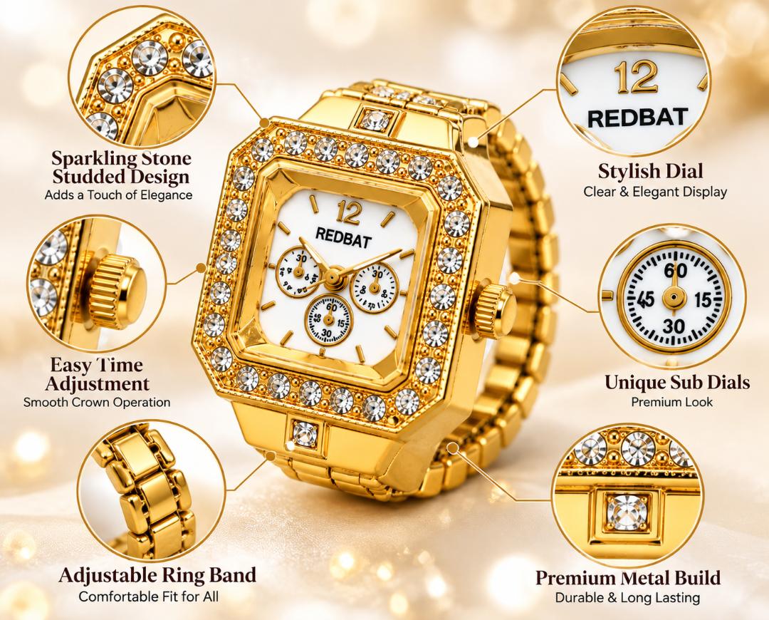 Gold Plated Look Crystal Studded Finger Watch for Women & Girls, Square Dial Ring Watch