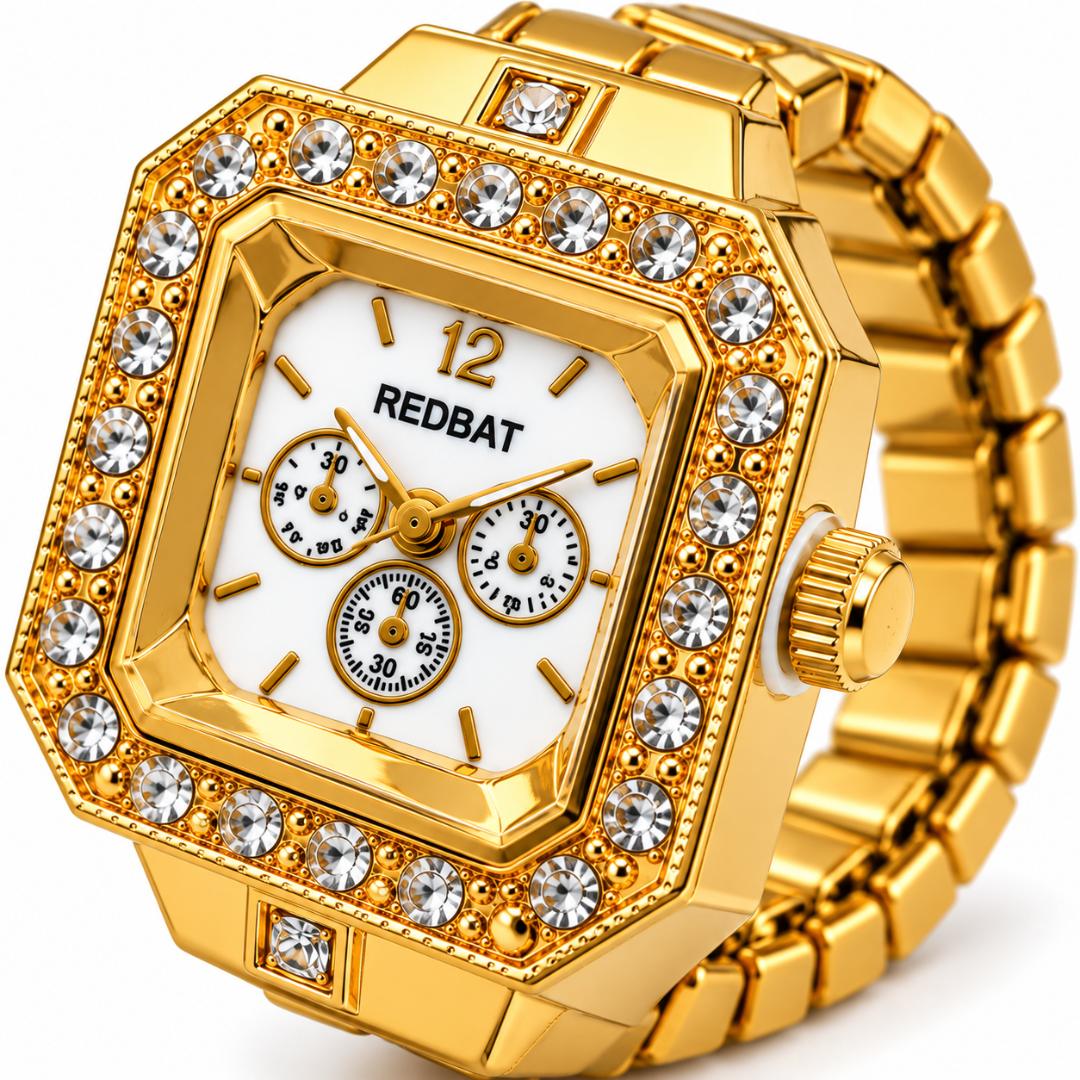 Gold Plated Look Crystal Studded Finger Watch for Women & Girls, Square Dial Ring Watch