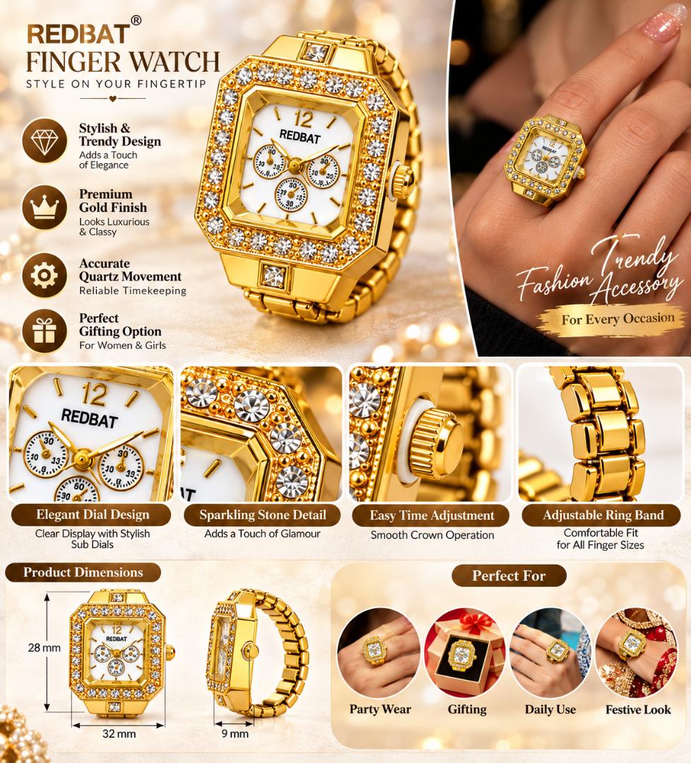 Gold Plated Look Crystal Studded Finger Watch for Women & Girls, Square Dial Ring Watch