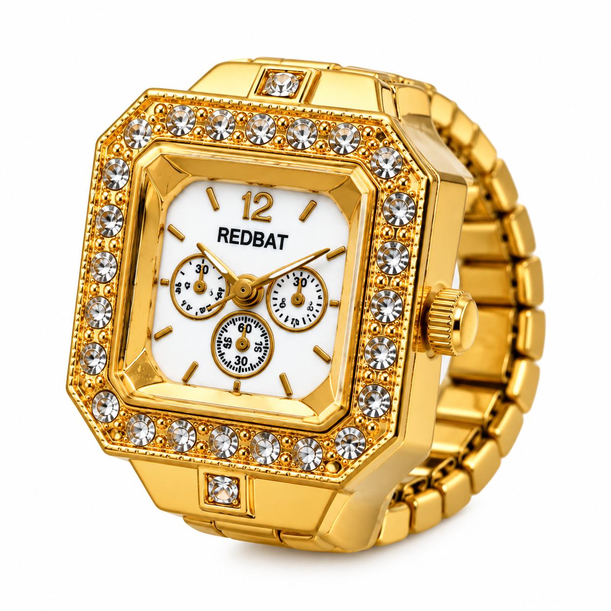 Gold Plated Look Crystal Studded Finger Watch for Women & Girls, Square Dial Ring Watch