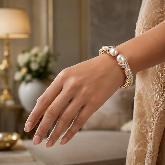 Gold Plated Pearl Cuff Bracelet 6.5cm Open Kada with Pearls