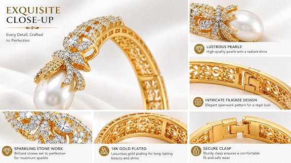 Gold Plated Pearl Cuff Bracelet 6.5cm Open Kada with Pearls
