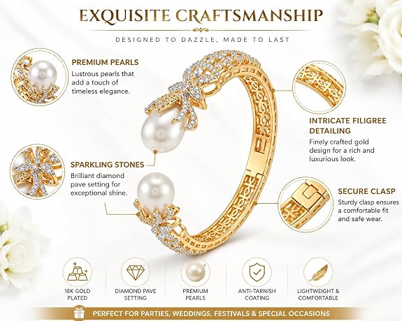 Gold Plated Pearl Cuff Bracelet 6.5cm Open Kada with Pearls