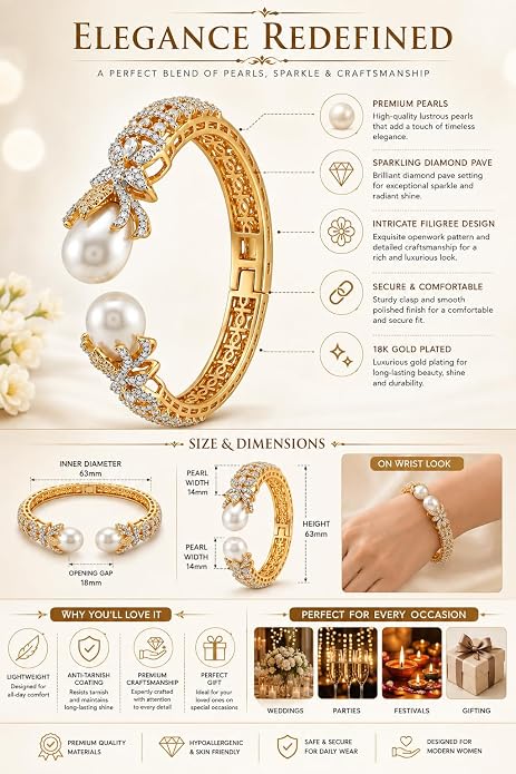 Gold Plated Pearl Cuff Bracelet 6.5cm Open Kada with Pearls