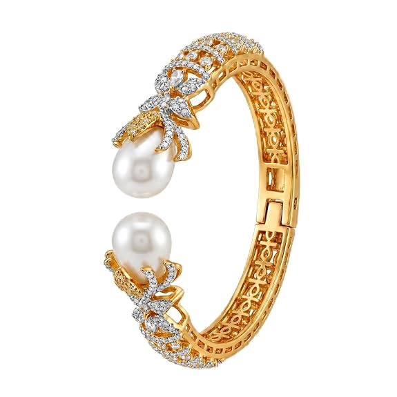 Gold Plated Pearl Cuff Bracelet 6.5cm Open Kada with Pearls