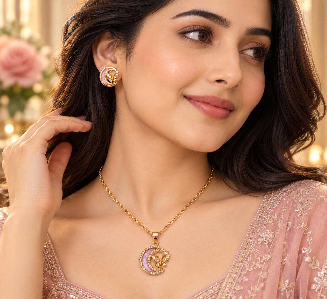 Gold Plated Pink Crescent Moon Butterfly Necklace and Earrings Jewellery Set for Women and Girls