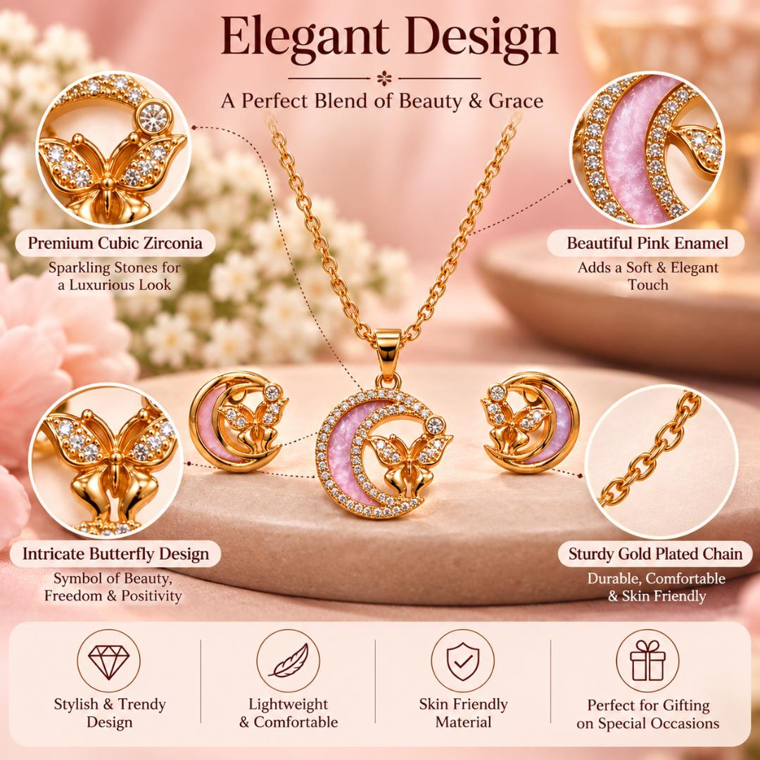 Gold Plated Pink Crescent Moon Butterfly Necklace and Earrings Jewellery Set for Women and Girls