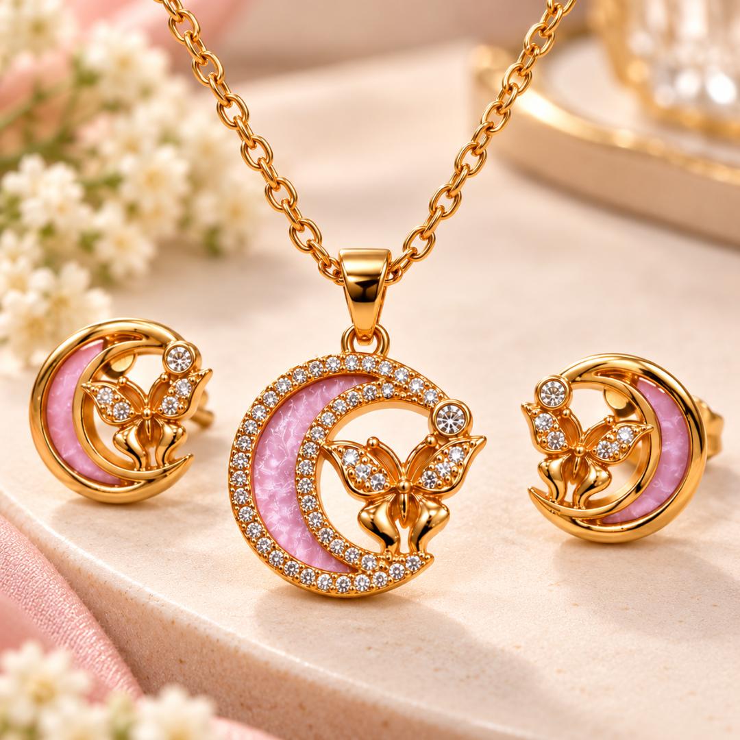 Gold Plated Pink Crescent Moon Butterfly Necklace and Earrings Jewellery Set for Women and Girls