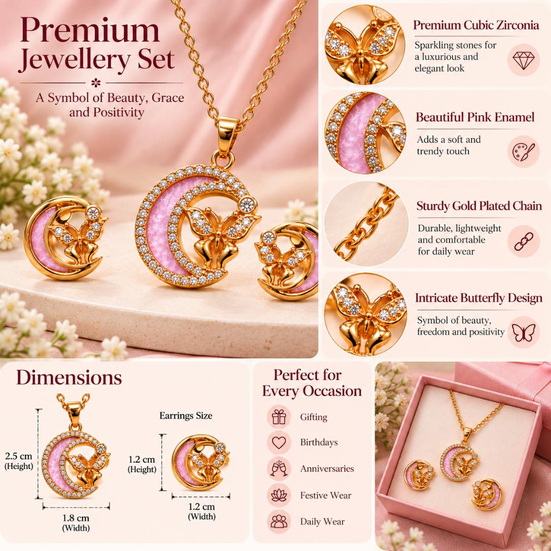 Gold Plated Pink Crescent Moon Butterfly Necklace and Earrings Jewellery Set for Women and Girls