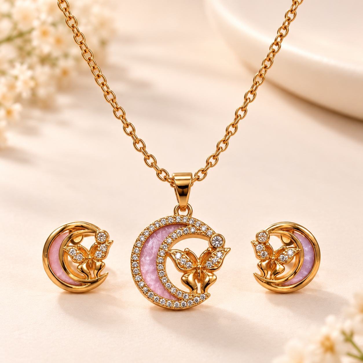Gold Plated Pink Crescent Moon Butterfly Necklace and Earrings Jewellery Set for Women and Girls