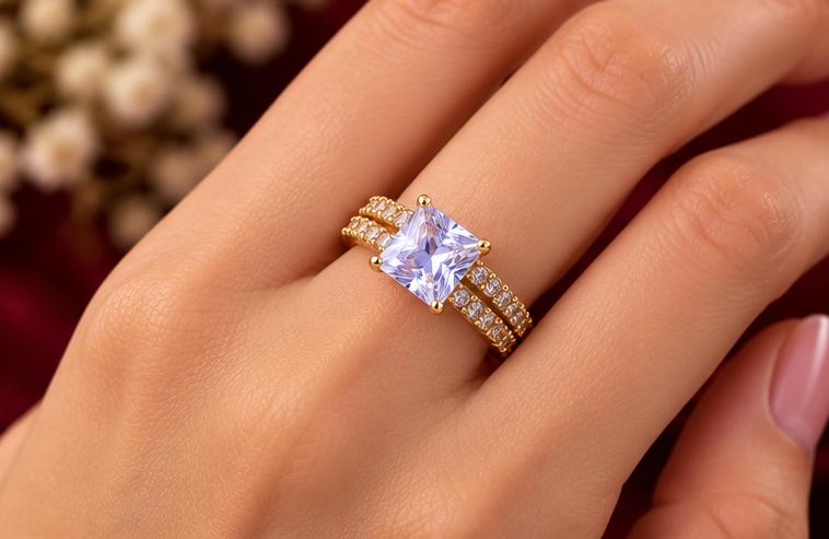 Gold Plated Princess Cut White Stone Ring for Women
