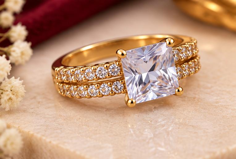 Gold Plated Princess Cut White Stone Ring for Women