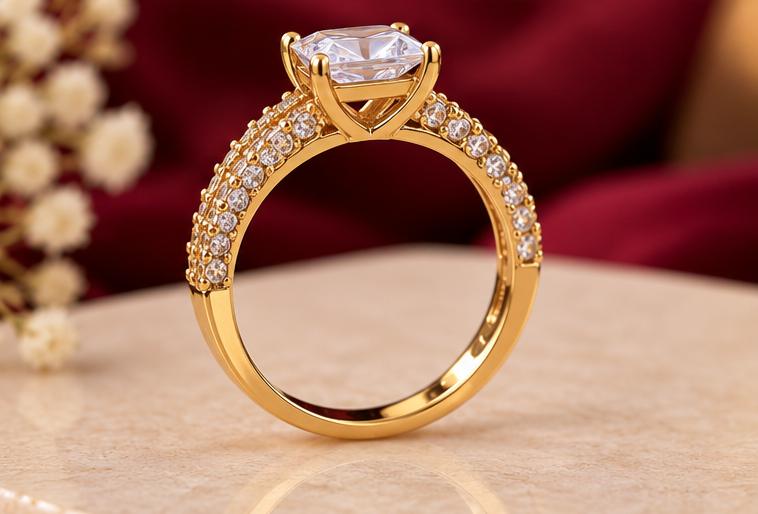 Gold Plated Princess Cut White Stone Ring for Women