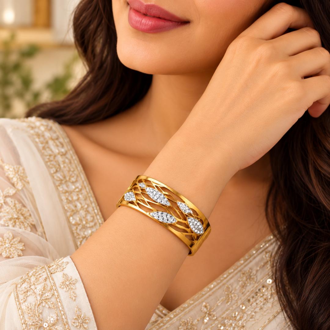 Gold-Tone Anti-Tarnish Crystal Stone Studded Designer Kada Bracelet for Women