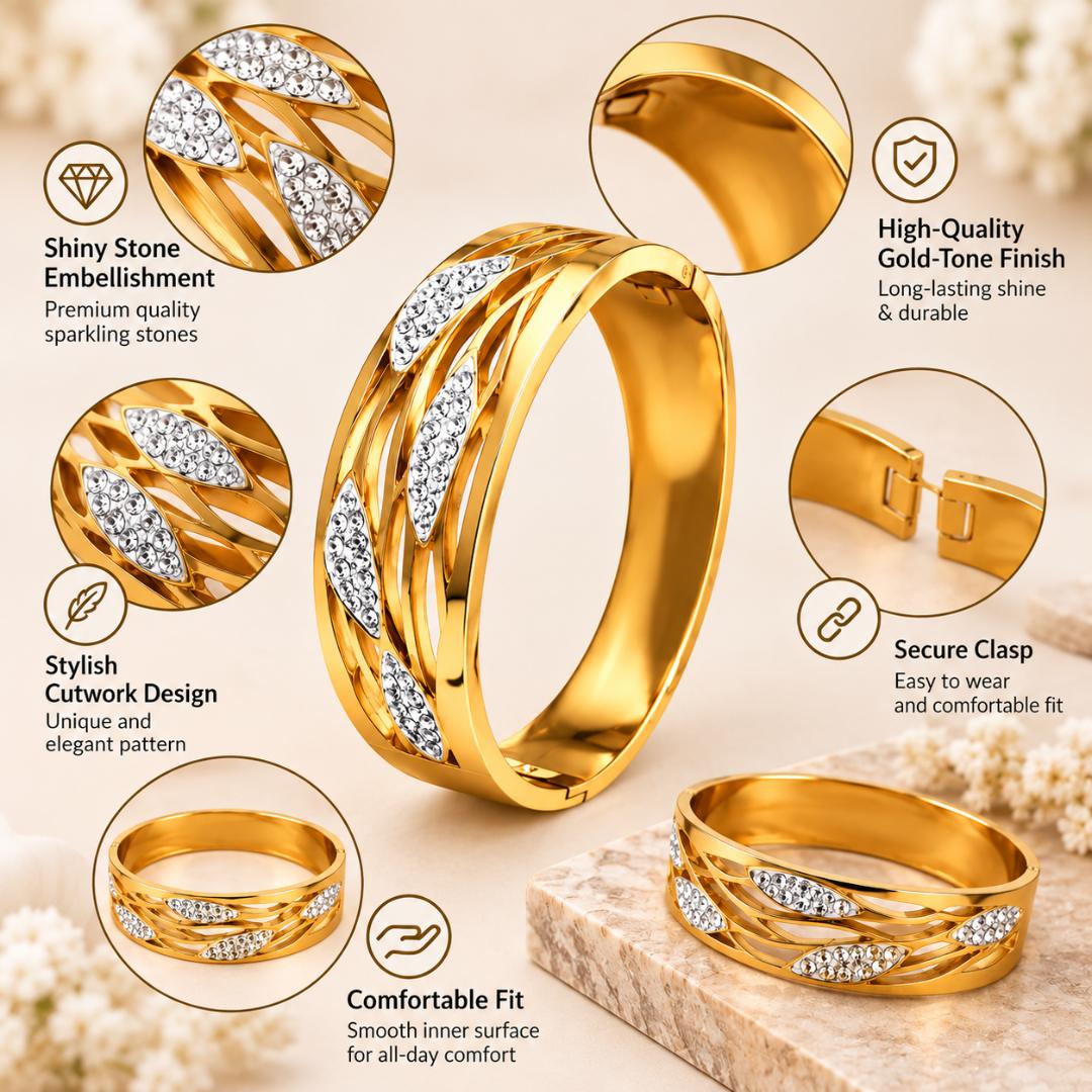 Gold-Tone Anti-Tarnish Crystal Stone Studded Designer Kada Bracelet for Women