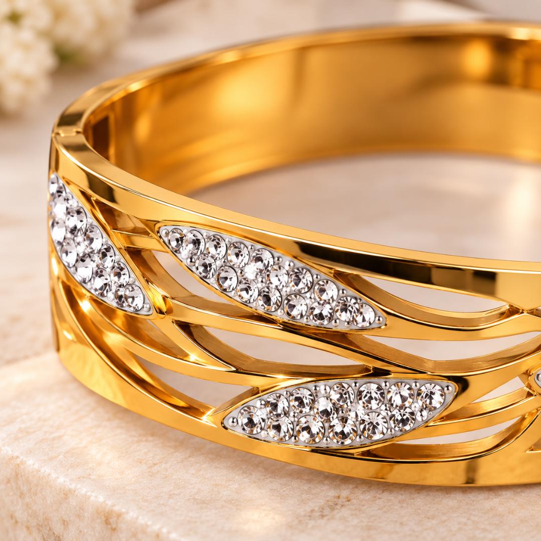 Gold-Tone Anti-Tarnish Crystal Stone Studded Designer Kada Bracelet for Women