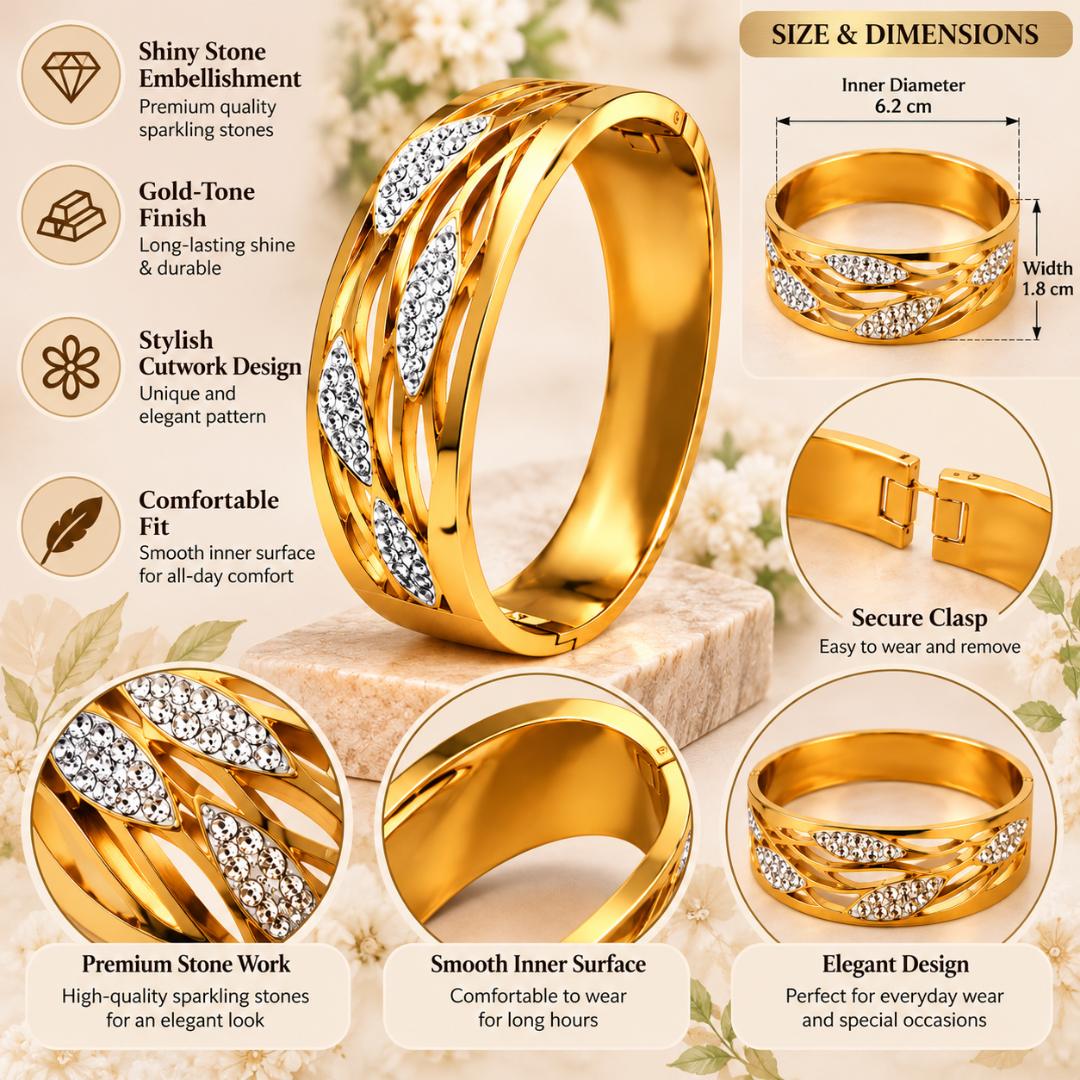 Gold-Tone Anti-Tarnish Crystal Stone Studded Designer Kada Bracelet for Women