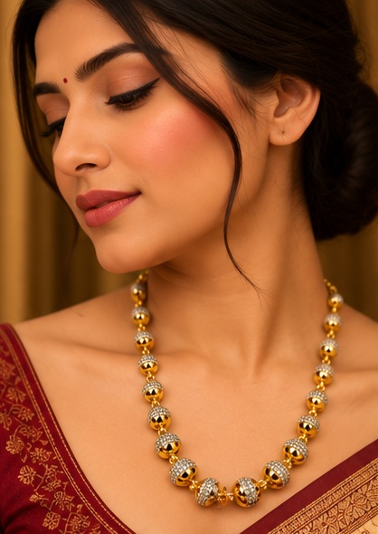 Gold-Tone Beaded Necklace with Crystal Detailing
