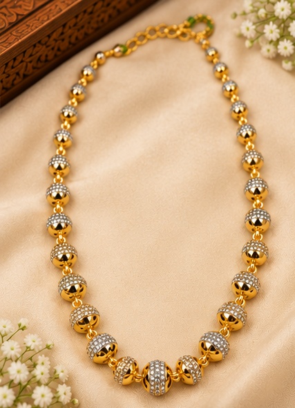 Gold-Tone Beaded Necklace with Crystal Detailing