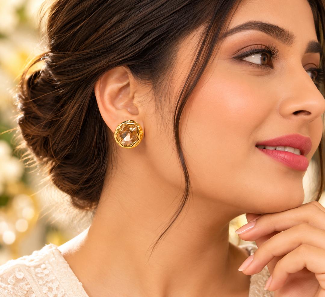 Gold-Tone Brown Crystal Round Stud Earrings for Women