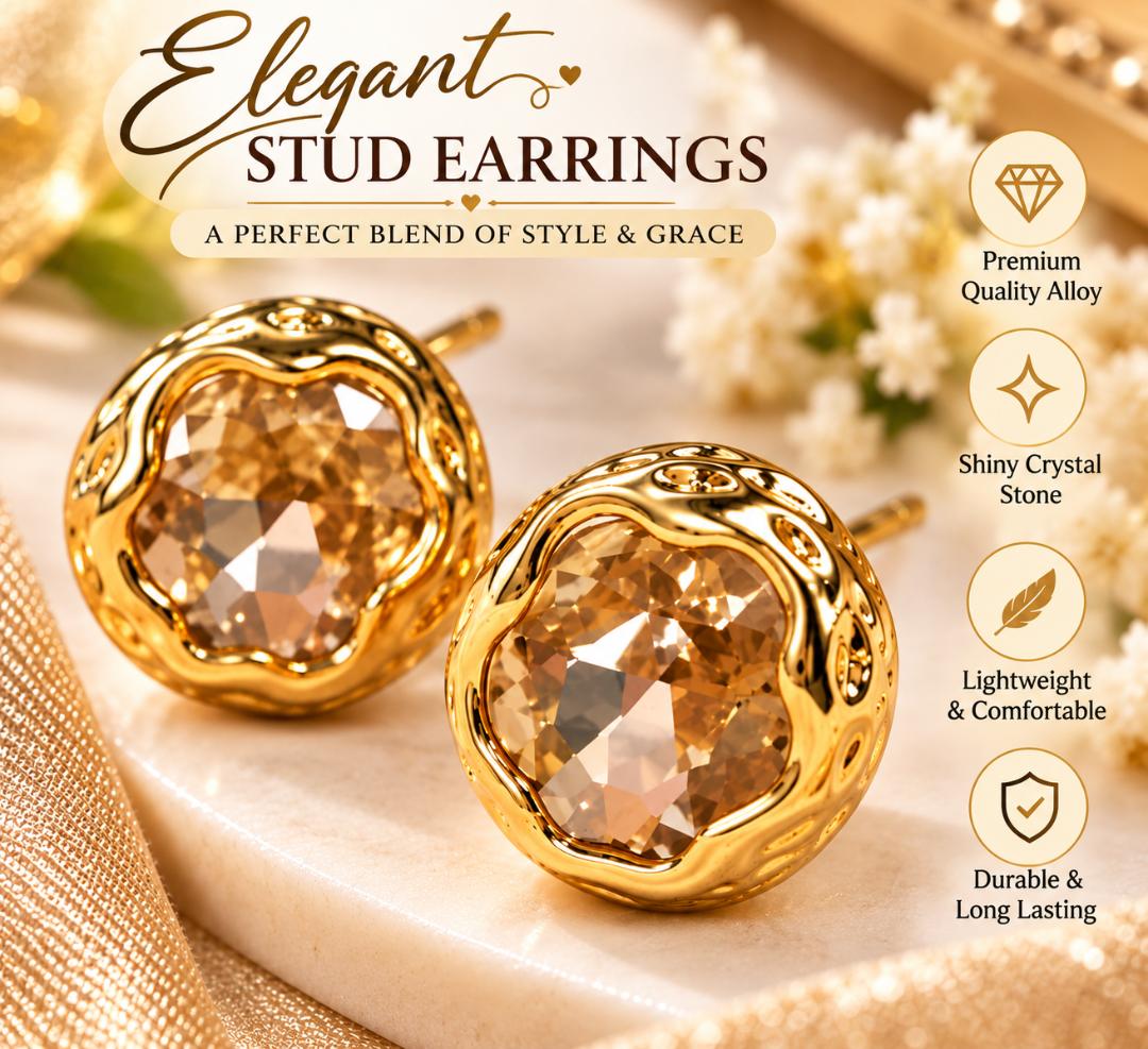 Gold-Tone Brown Crystal Round Stud Earrings for Women