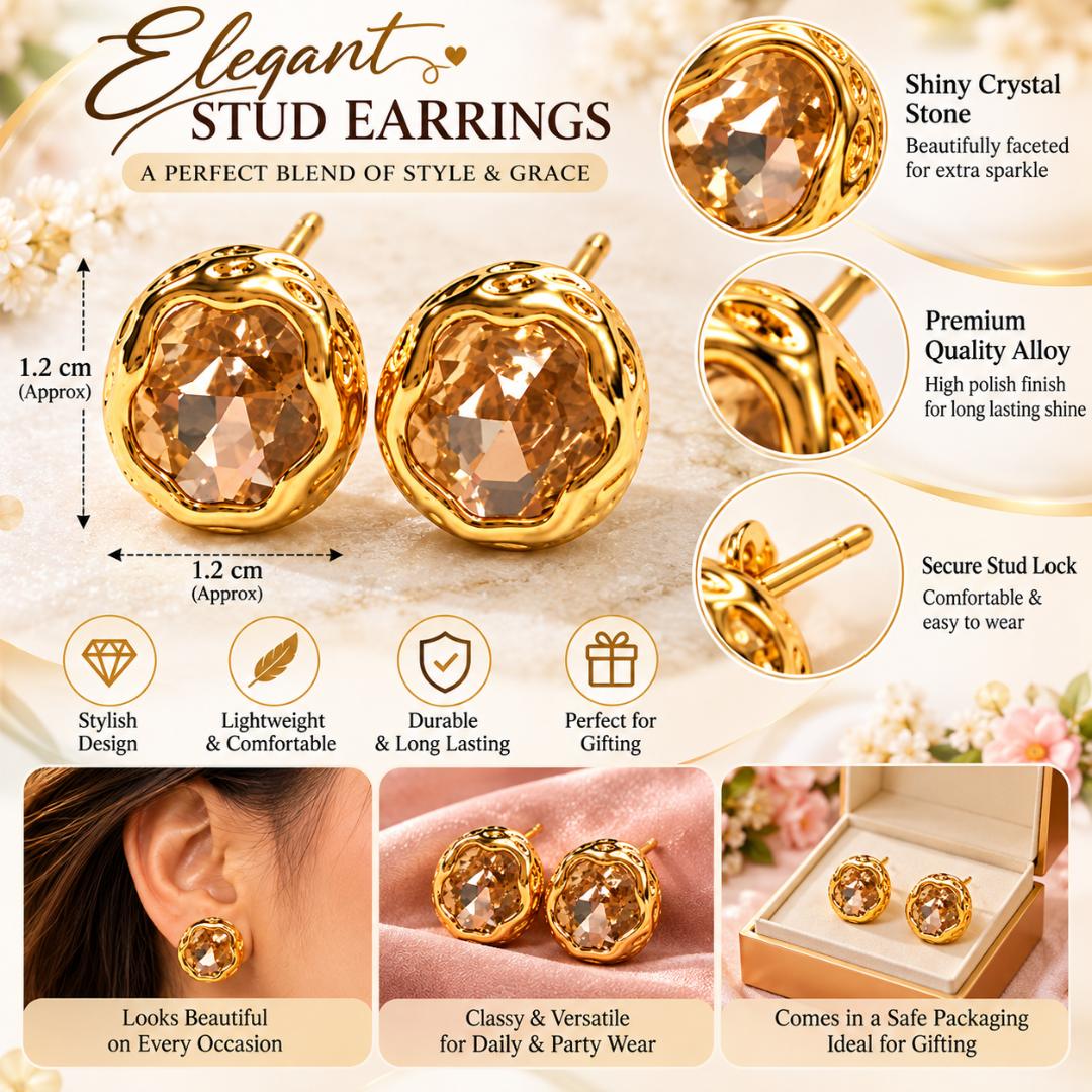 Gold-Tone Brown Crystal Round Stud Earrings for Women