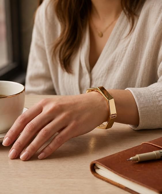 Gold-Tone Brushed Gold Hex Cuff Bracelet for Women