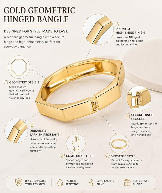 Gold-Tone Brushed Gold Hex Cuff Bracelet for Women