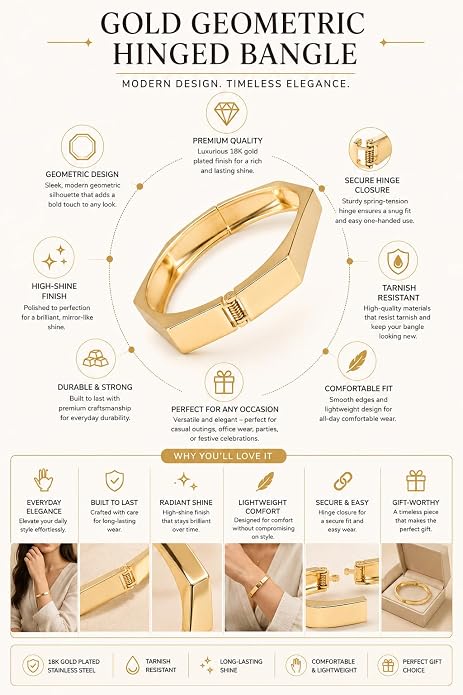 Gold-Tone Brushed Gold Hex Cuff Bracelet for Women