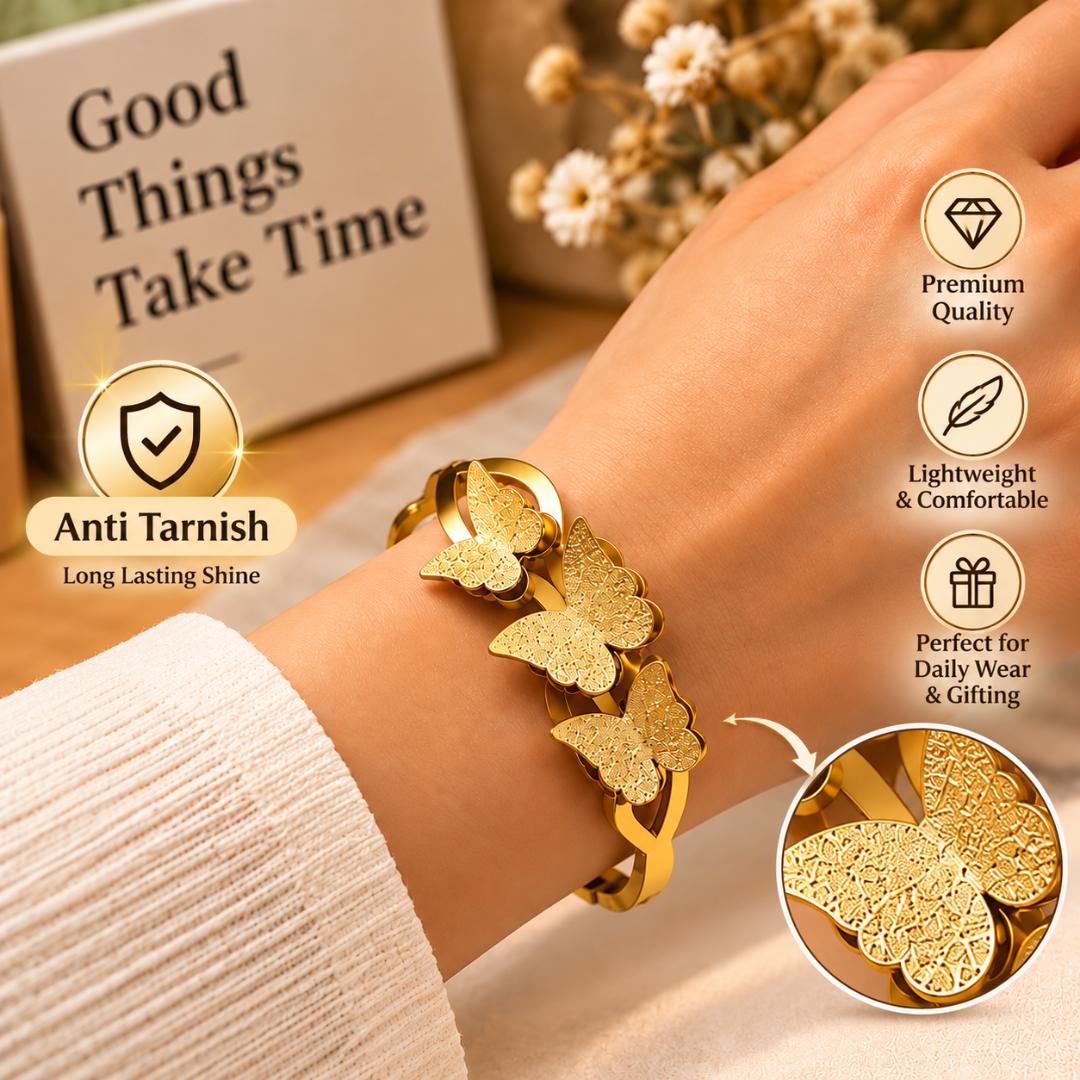 Gold-Tone Butterfly Design Hinged Cuff Bracelet for Women