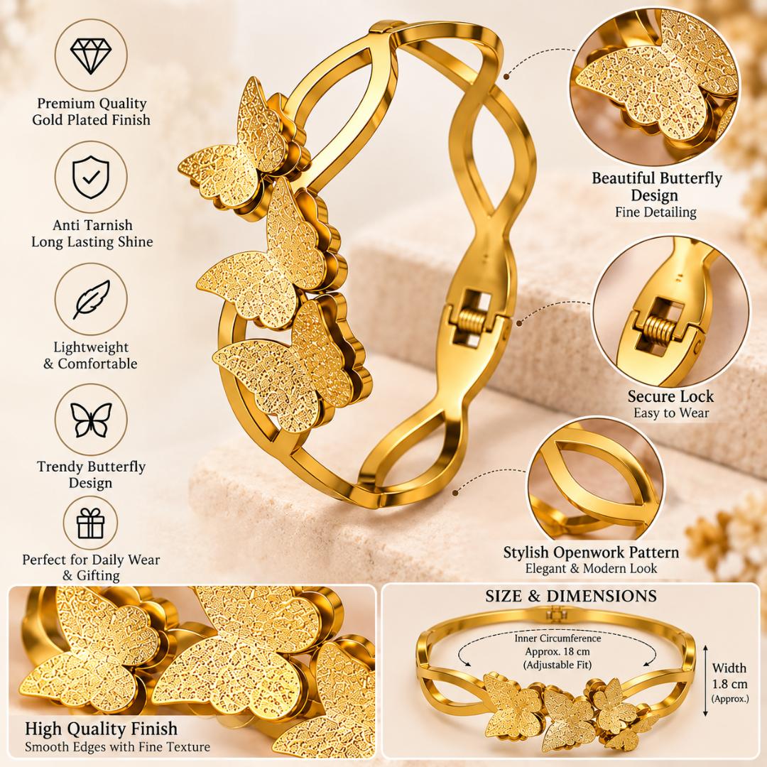 Gold-Tone Butterfly Design Hinged Cuff Bracelet for Women