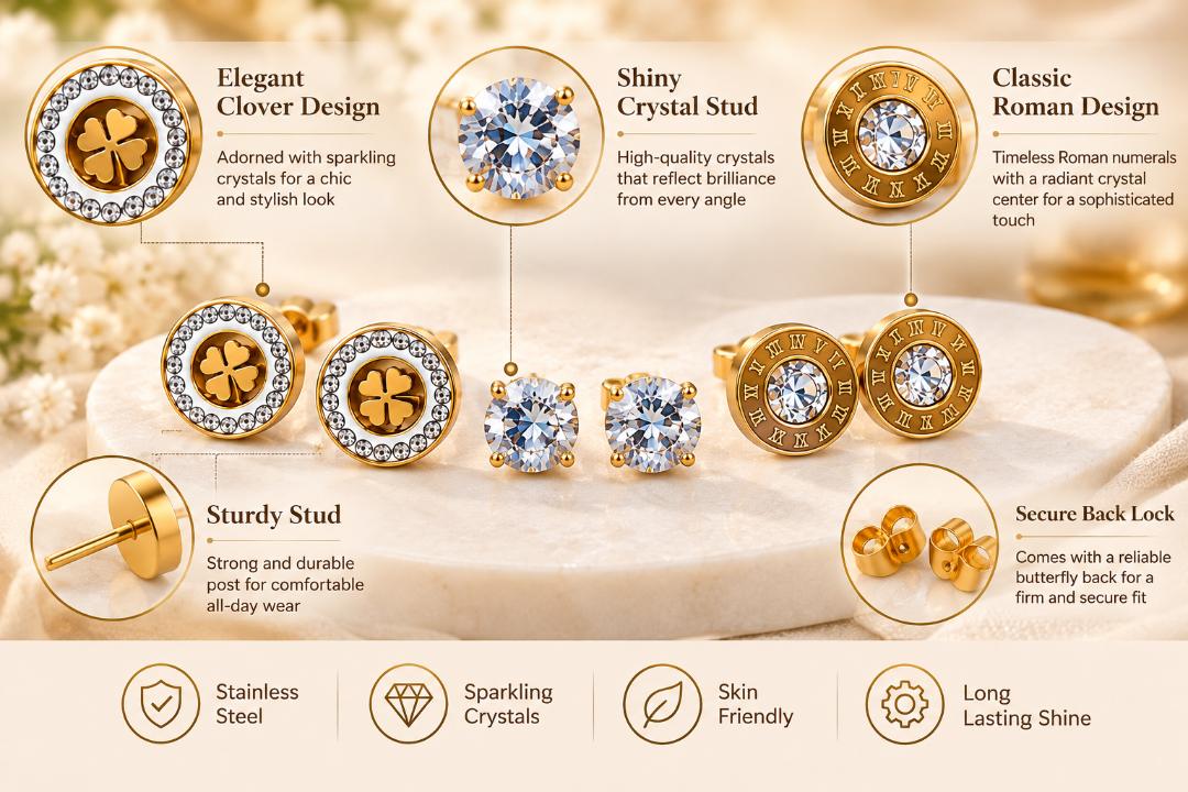 Gold Tone Crystal Stud Earrings Set of 3 Pairs for Women, Clover, Solitaire and Roman Numeral Designs