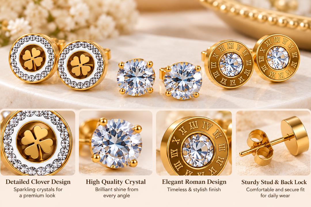Gold Tone Crystal Stud Earrings Set of 3 Pairs for Women, Clover, Solitaire and Roman Numeral Designs