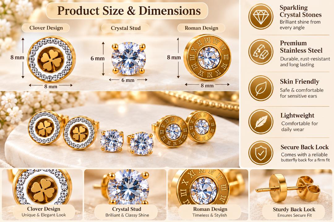 Gold Tone Crystal Stud Earrings Set of 3 Pairs for Women, Clover, Solitaire and Roman Numeral Designs