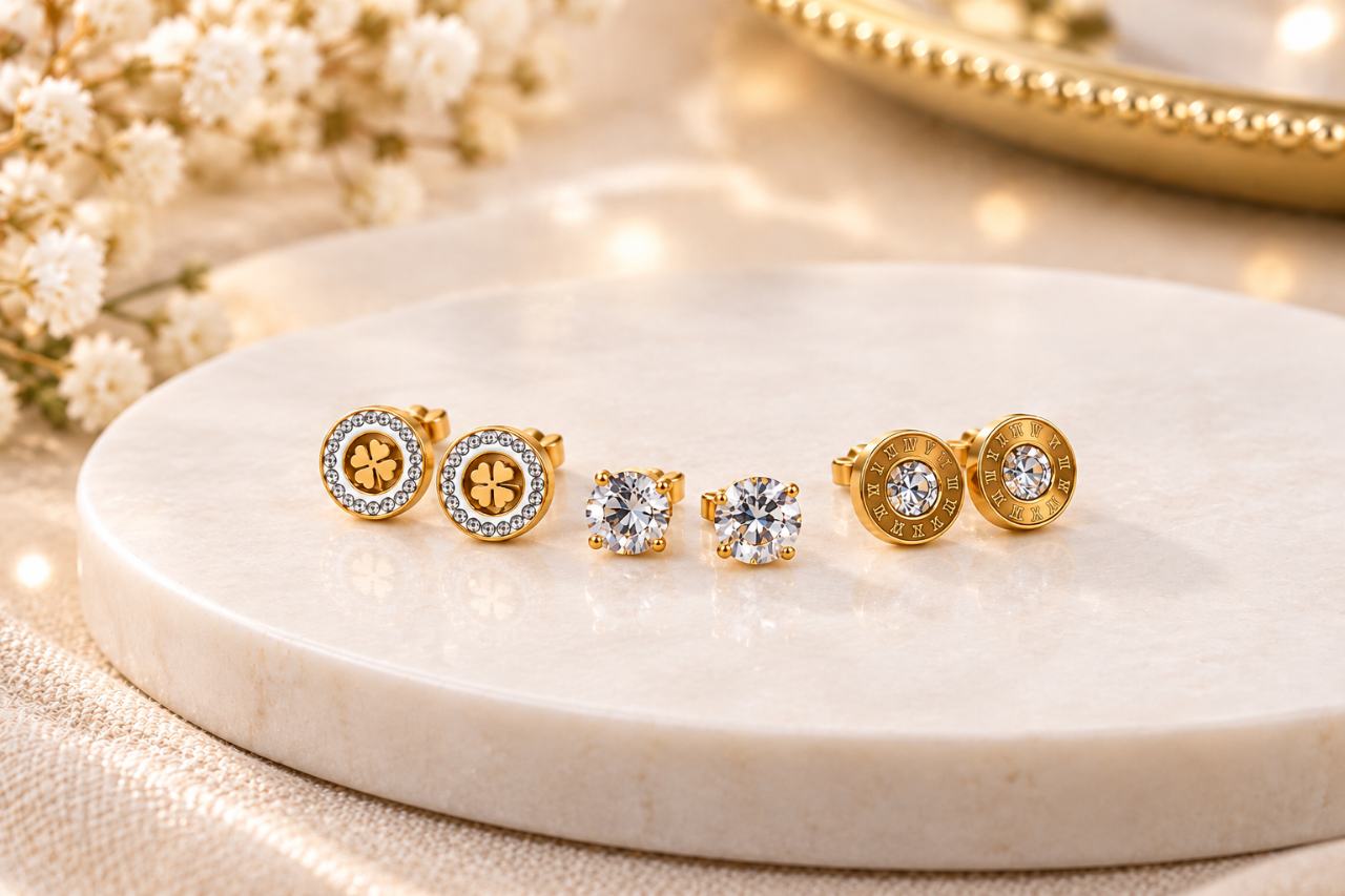 Gold Tone Crystal Stud Earrings Set of 3 Pairs for Women, Clover, Solitaire and Roman Numeral Designs