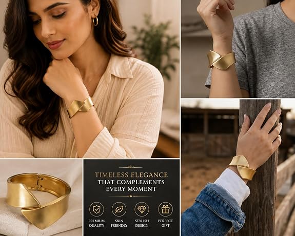 Gold-Tone Cuff Bangle Bracelet for Women Minimalist Style