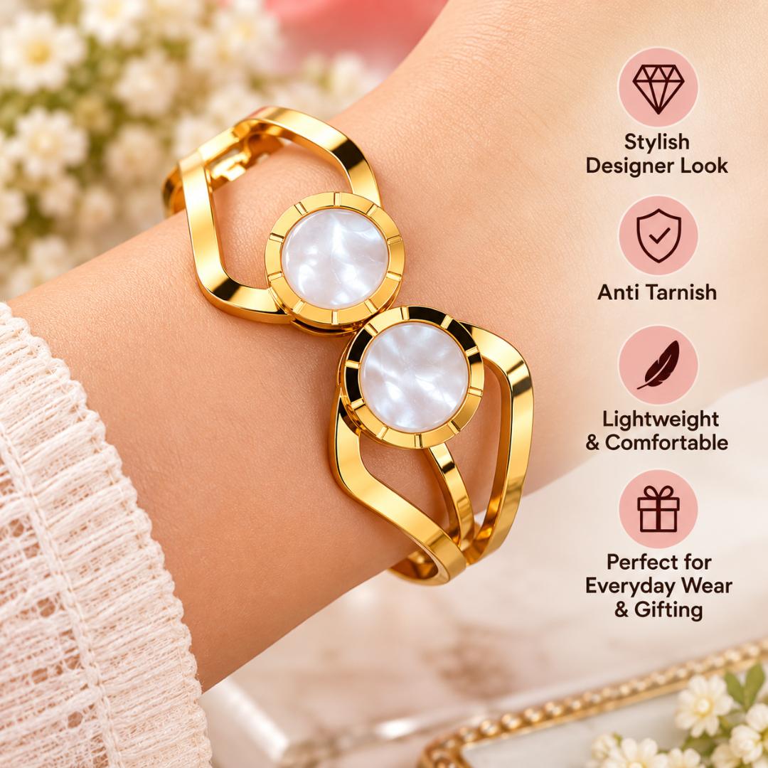 Gold-Tone Double Pearl Design Anti-Tarnish Cuff Bracelet for Women