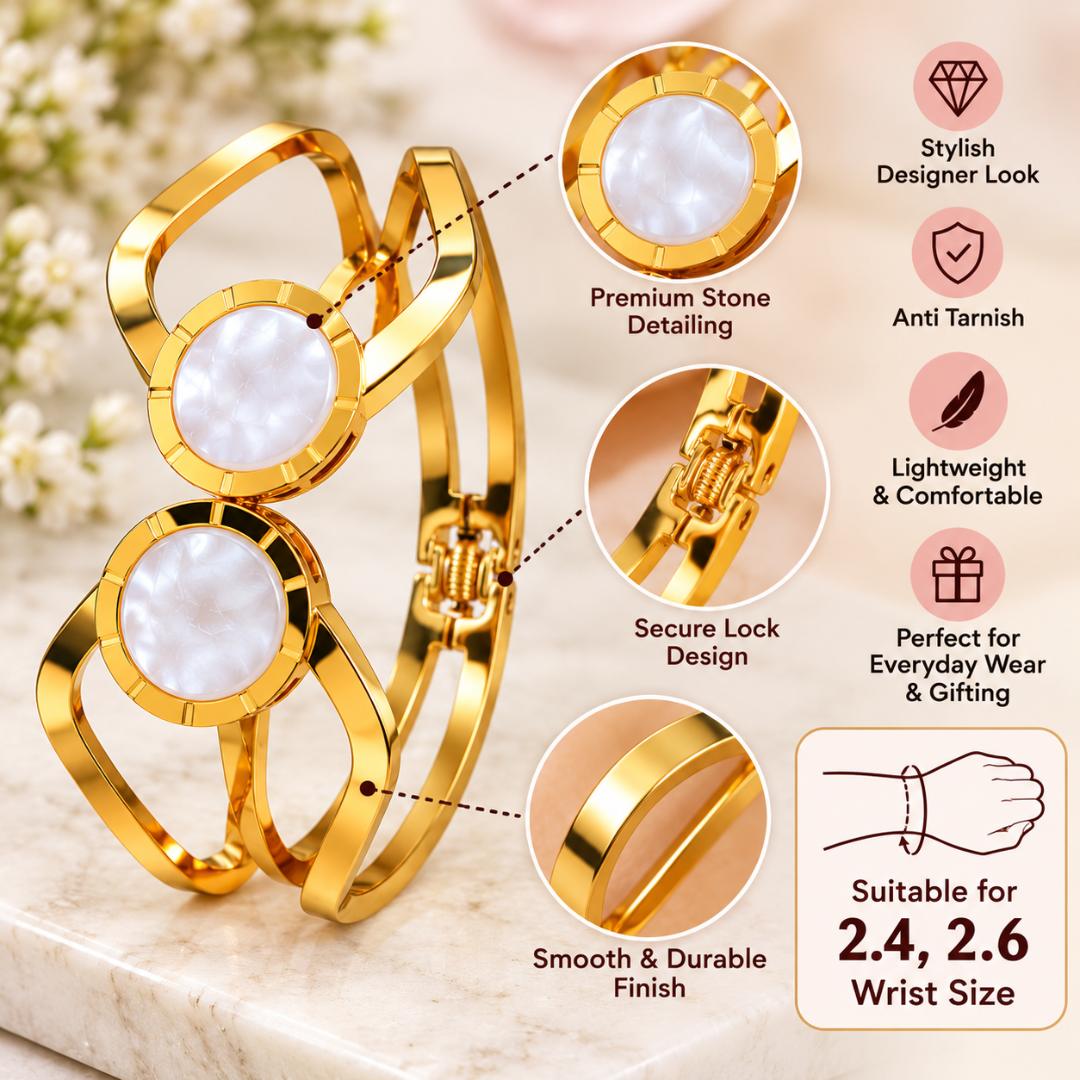 Gold-Tone Double Pearl Design Anti-Tarnish Cuff Bracelet for Women