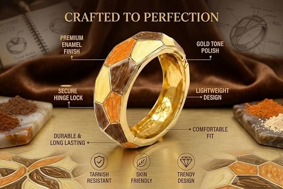 Gold Tone Enamel Hinged Bangle Bracelet 