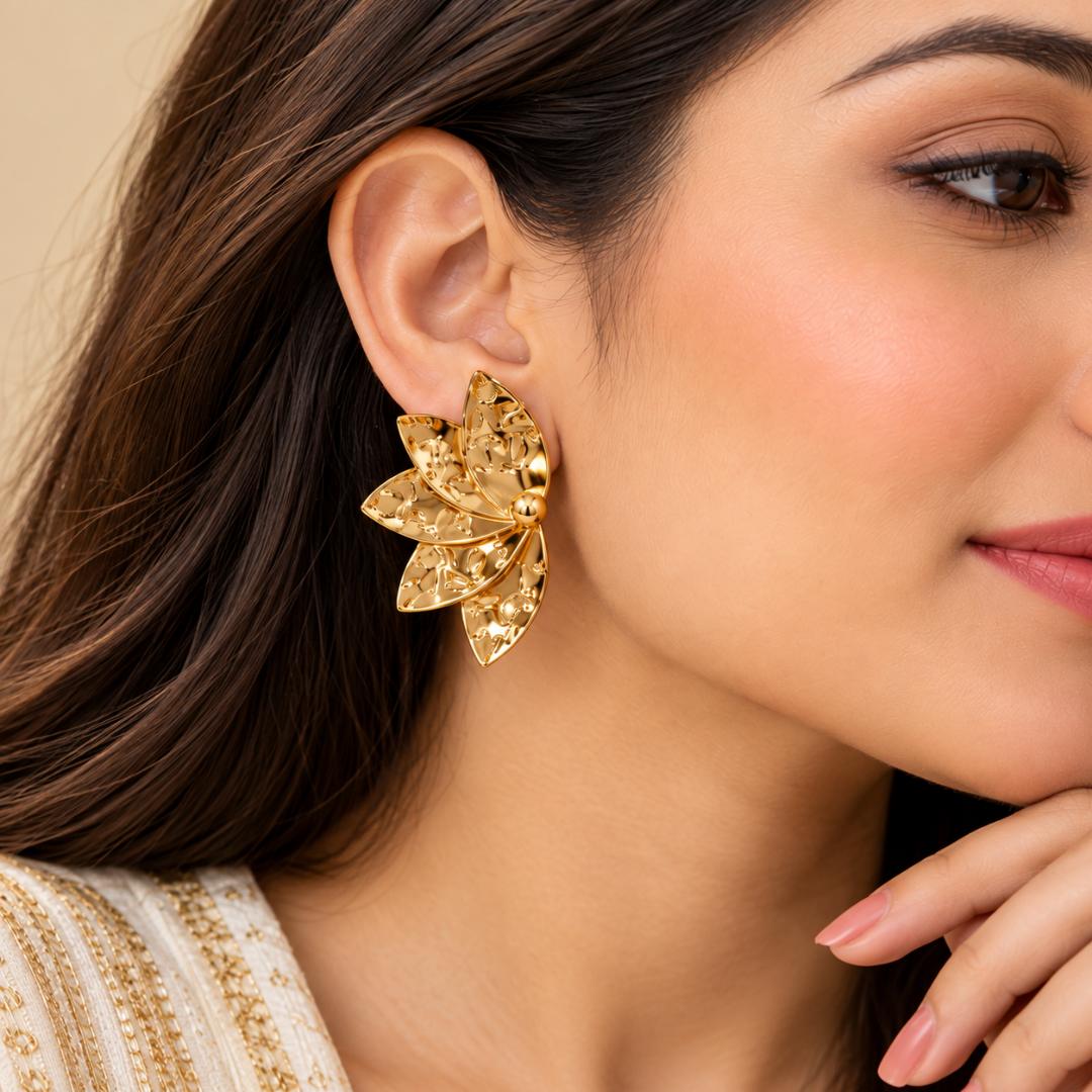 Gold-Tone Floral Leaf Design Stud Earrings for Women