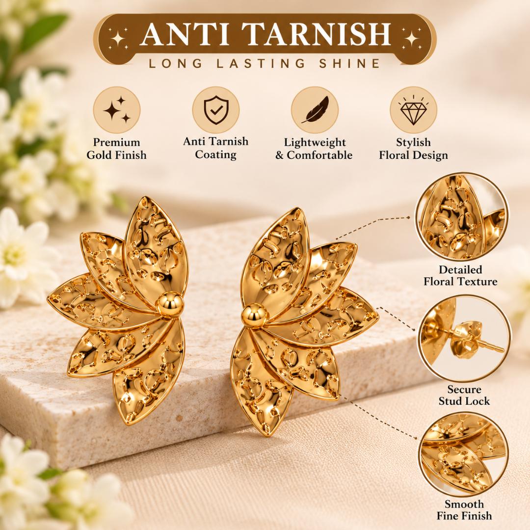 Gold-Tone Floral Leaf Design Stud Earrings for Women