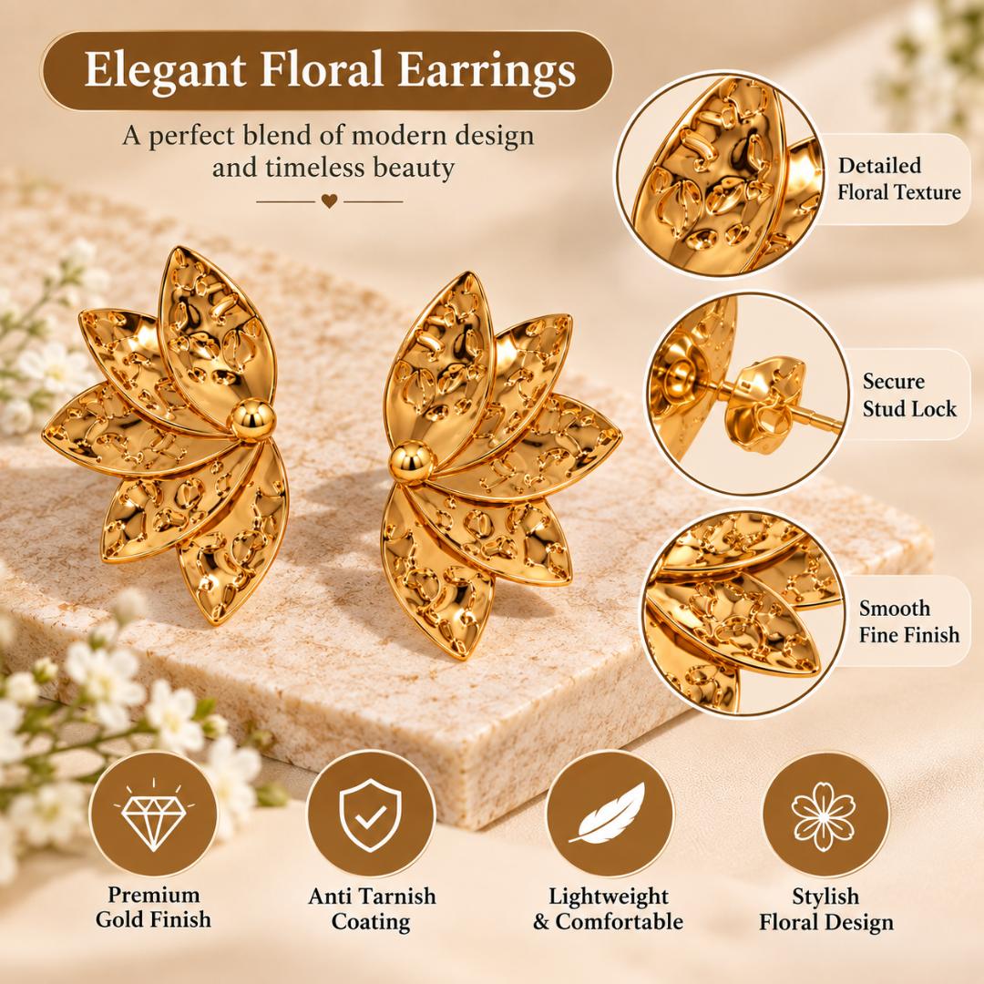 Gold-Tone Floral Leaf Design Stud Earrings for Women