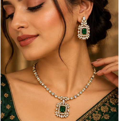 Gold-Tone Green Stone Necklace Set with Matching Earrings