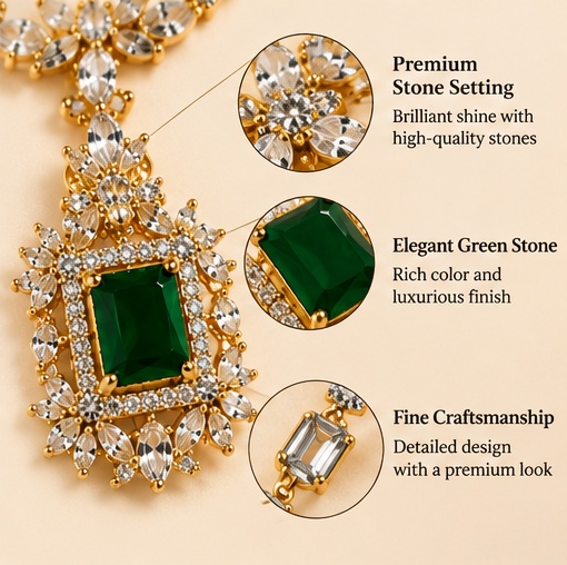Gold-Tone Green Stone Necklace Set with Matching Earrings