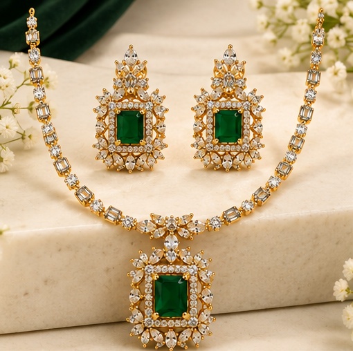 Gold-Tone Green Stone Necklace Set with Matching Earrings